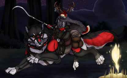 ambiguous_feral ambiguous_gender anthro armor big_fangs black_body black_fur blue_eyes bridle clothed clothing duo fake_antlers fake_horns fangs feral fire fur green_eyes hair heterochromia larger_feral lying male male_anthro mount mount/rider_relations mouth_closed multicolored_body multicolored_fur night on_back outside plant red_body red_fur red_hair reins riding saddle short_hair side_view size_difference smaller_anthro smaller_male teeth tree white_body white_fur yellow_body yellow_eyes yellow_fur killthe_demon angel_(velvetvlade) keda_(yipsky) canid canine felid mammal hi_res