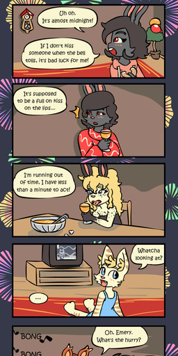 anthro bagel balloon barefoot bell beverage black_body black_eyebrows black_fur black_hair black_spots blonde_eyebrows blonde_hair blue_clothing blue_dress blue_eyes blush blush_stickers bottomwear bread breasts brown_body brown_eyes brown_fur brown_hair brown_nose brown_stripes brown_tail chair cheek_tuft clock clothing cookie cute_fangs dialogue drawstring drawstring_hoodie dress eating_cookie electronics emanata eyebrows eyelashes facial_tuft fangs feet female fireworks food fur furniture grey_body grey_fur group hair holding_glass holding_object holidays hoodie humor imminent_kiss inflatable inner_ear_fluff juice_(beverage) kissy_face male markings musical_note musical_symbol open_mouth open_smile orange_pajamas pajamas pants pink_clothing pink_hoodie pink_nose pink_topwear plant plant_pot potted_plant punch_bowl rabbit_ears red_clothing red_eyes red_sweater red_topwear shoulderless_topwear sitting smile sound_effects speech_bubble spots spotted_body spotted_fur squirrel_tail stripes sweater symbol table tail tan_body tan_bottomwear tan_clothing tan_fur tan_pants teeth television text tongue tongue_out topwear tuft wall_clock young young_anthro young_female young_male bisonvega new_year new_year_2026 bunny_boy_(bisonvega) cousin_bunny_(bisonvega) mom_bunny_(bisonvega) squirrel_boy_(bisonvega) domestic_cat felid feline felis lagomorph leporid mammal rabbit rodent sciurid tree_squirrel 2026 comic english_text hi_res aunt_(lore) aunt_and_niece_(lore) cousins_(lore) mother_(lore) mother_and_child_(lore) mother_and_son_(lore) niece_(lore) parent_(lore) parent_and_child_(lore) parent_and_son_(lore) son_(lore)