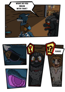 anthro black_body black_fur brown_hair curse cursed_energy dialogue dungeon fantasy fur grey_hair group hair male text warrior yellow_eyes garrus368 arboj_(garrus368) nova_(garrus368) shadow_(garrus368) canid canine canis human mammal wiffen_(specie) wolf absurd_res comic english_text hi_res