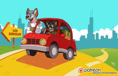anthro black_body black_fur black_nose blue_bottomwear blue_clothing blue_eyes blue_pants blue_sky bottomwear brown_body brown_fur car clothed clothing cloud driving_car duo fur glistening glistening_eyes grey_body grey_fur grey_hair hair head_tuft logo male navel open_mouth open_smile pants patreon_logo pink_tongue short_hair sign sky skyline smile tongue tongue_out topless tuft vehicle white_body white_fur young young_anthro young_male pandapaco patreon canid canine mammal artist_logo signature