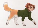 after_transformation bottomless brown_body brown_fur brown_hair clothed clothing digitigrade female feral fur green_eyes hair jacket pawpads paws ponytail smile solo topwear transformation jayrockin eliza_(penumbrus) canid canine canis domestic_dog human hybrid mammal 2016 4:3