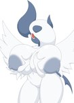 anthro areola big_breasts breasts female fur genitals grey_areola grey_nipples holding_breast horn huge_breasts nipples pussy red_eyes solo white_body white_fur wings shmeepo nintendo pokemon generation_6_pokemon mega_absol mega_evolution pokemon_(species) absurd_res hi_res