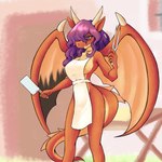 anthro apron apron_only breasts clothing female hair hair_over_eye holding_object horn membrane_(anatomy) membranous_wings multicolored_wings purple_hair scales side_boob solo standing white_apron white_clothing wings rebeas mythology zenshu justice_(zenshu) dragon mythological_creature mythological_scalie scalie 1:1 2025 hi_res