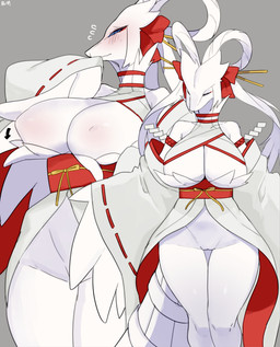 anthro areola big_breasts biped blue_eyes blush breasts clothed clothed_anthro clothed_female clothing exposed_breasts eyes_closed female front_view fur hair looking_at_viewer nipples simple_background solo standing tail white_body white_fur white_hair white_tail buta99 nintendo pokemon generation_5_pokemon legendary_pokemon pokemon_(species) reshiram 2026 absurd_res digital_drawing_(artwork) digital_media_(artwork) hi_res