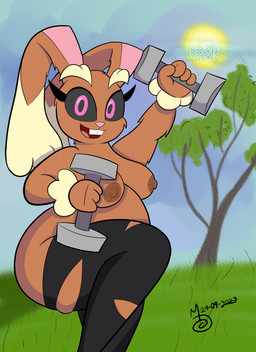 anthro areola breasts brown_areola brown_nipples buckteeth dumbbell exercise exercise_equipment female mostly_nude nipples overweight overweight_anthro overweight_female slightly_chubby slightly_chubby_female solo teeth weights sebaku nintendo pokemon generation_4_pokemon lagomorph leporid lopunny mammal pokemon_(species) rabbit absurd_res hi_res