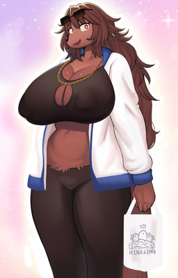 abstract_background anthro areola_visible_through_clothing big_breasts biped bottomwear breasts brown_body brown_eyes brown_fur brown_hair chain_necklace cleavage_cutout clothed clothing cutout eyewear eyewear_on_head female fur hair huge_breasts jacket jewelry long_hair looking_at_viewer midriff necklace nipple_outline pants pink_background shopping_bag simple_background solo sunglasses sunglasses_on_head text topwear wearing_sunglasses sindoll two_beasts_or_not_to_beast whibbet_masferrer official_art