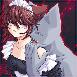 bite clothing duo female maid_uniform male uniform neji_neji 2channel fuun_(2channel) jii 2channel_ascii_art_character animal_humanoid cat_humanoid domestic_cat felid felid_humanoid feline feline_humanoid felis humanoid mammal mammal_humanoid undead vampire 1:1 digital_media_(artwork) low_res oekaki