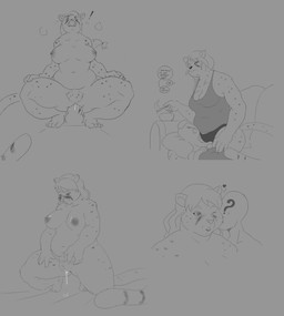 duo female hair kissing male masturbation sex_toy solo punipuri anon cheetah felid feline human mammal hi_res monochrome