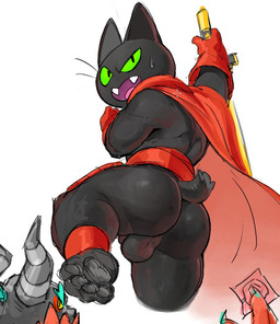 anthro backsack balls belt black_body black_fur bodily_fluids butt cape clothing condom duo fur genitals gloves green_eyes handwear holding_condom holding_object horn katana male melee_weapon pawpads perineum rear_view sexual_barrier_device shortstack shortstack_male sweat sweatdrop sword weapon yellow_sclera guoke0226 cartoon_network mao_mao:_heroes_of_pure_heart sega sonic_the_hedgehog_(series) sheriff_mao_mao_mao the_deadly_six zavok domestic_cat felid feline felis mammal