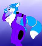 anthro areola big_breasts bodysuit breasts clothing female green_eyes looking_at_viewer nipples open_top pointy_nipples skinsuit smile solo thick_thighs tight_clothing merffle nintendo star_fox krystal_(star_fox) canid canine fox mammal zip_(disambiguation)