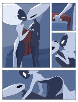 anthro bed bedroom biped black_body black_eyes blush blush_lines bodily_fluids border bottomless bottomless_female bottomless_humanoid cloak clothed clothing detailed_background dildo duo empty_eyes eye_contact female female/female female_anthro female_humanoid furniture genitals humanoid_on_anthro imminent_sex inside looking_at_another looking_at_partner lying mouthless nude nude_anthro nude_female on_back on_bed on_top_of on_top_of_another onomatopoeia pushing_down red_cloak red_clothing sex_toy sound_effects sweat sweatdrop text vulva white_body white_border white_eyes white_vulva justdog hollow_knight:_silksong hollow_knight_(franchise) team_cherry hornet_(hollow_knight) lace_(hollow_knight:_silksong) arthropod humanoid 2025 comic digital_drawing_(artwork) digital_media_(artwork) hi_res