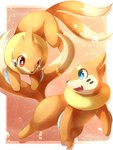 blue_eyes border duo fur gradient_background male multi_tail open_mouth playful red_eyes simple_background smile tail white_border ivan-jhang nintendo pokemon buizel generation_4_pokemon pokemon_(species) 2017 3:4 hi_res signature