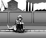 2022 6:5 anthro apron clothed clothing detailed_background factory fired fish gloves greyscale handwear hat headgear headwear hi_res hladilnik lonely_shark_(hladilnik) marine monochrome outside sad shark sidewalk sitting smokestack solo urban