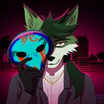 1980s_theme creepy_smile fur gold_(metal) gold_jewelry green_body green_fur hair jewelry maniac mask ponytail serial_killer smile solo suit_jacket synthwave fenriet kudo_redfox_(character) canid canine canis fox hybrid mammal wolf 1:1 hi_res