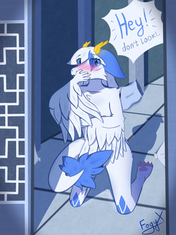 anthro black_hair blue_body blue_eyes blue_fur blue_hair blush bodily_fluids breasts butt chest_tuft claws covering covering_breasts covering_mouth covering_own_mouth covering_self covering_self_with_tail dialogue embarrassed feathers female fur genital_fluids hair hand_on_breast hand_on_face horn inside kneeling kneeling_on_ground looking_at_viewer medium_breasts multicolored_body multicolored_fur multicolored_hair nipples non-mammal_breasts non-mammal_nipples nude nude_female pawpads pillow pink_nipples pink_pawpads pointy_speech_bubble short_hair solo speech_bubble text three-quarter_view tuft vaginal_fluids white_body white_fur white_hair yellow_claws yellow_horn fogyx mythology misu_(astermisu) dragon eastern_dragon feathered_dragon feathered_scalie mythological_creature mythological_scalie scalie 3:4 digital_drawing_(artwork) digital_media_(artwork) english_text hi_res shaded simple_shading