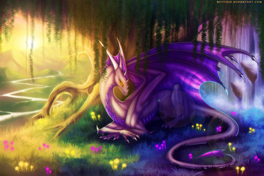 ambiguous_gender claws detailed_background feral grass horn lying membrane_(anatomy) membranous_wings nude outside plant solo sun tail tree wings yellow_eyes neytirix mythology dragon mythological_creature mythological_scalie scalie hi_res