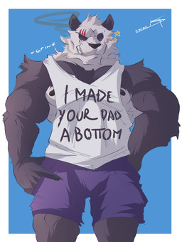 anthro barazoku biceps big_muscles black_sclera blue_background border bottomwear cigarette clothed clothing front_view fur grin huge_muscles looking_at_viewer male muscular muscular_anthro muscular_male nipples obliques pecs scar shirt shorts simple_background smile smoke smoking solo standing star tank_top teeth text text_on_clothing text_on_shirt text_on_tank_top text_on_topwear topwear tuft white_border ferskyed beastars gouhin_(beastars) bear giant_panda mammal 2022 absurd_res english_text hi_res signature