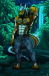 abs anthro belt biceps big_muscles black_body black_fur blue_bottomwear blue_clothing blue_eyes blue_hair blue_pants bottomwear clothed clothing countershading detailed_background digitigrade flexing flexing_bicep forest fur hair hand_behind_head harness horn long_tail male multicolored_body multicolored_fur muscular muscular_anthro muscular_male night orange_body orange_fur outside pants pecs plant solo standing tail topless topless_anthro topless_male tree waterfall wavy_tail white_body white_fur white_torso lumiap2l mythology dragon felkin furred_dragon furred_scalie mythological_creature mythological_scalie scalie 2024 character_request digital_media_(artwork) digital_painting_(artwork) full-length_portrait hi_res painting_(artwork) portrait