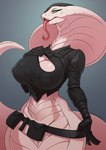 anthro apode big_breasts breasts cleavage clothed clothing female fingers forked_tongue gloves green_eyes grey_background handwear legless nipple_outline nipples non-mammal_breasts non-mammal_nipples open_mouth pupils scales serpentine simple_background snake_hood solo tail tongue tongue_out white_body white_scales white_tail yellow_sclera chrysalisdraws x-com x-com:_chimera_squad agent_torque draconcopode reptile scalie snake viper_(x-com) 2025 digital_media_(artwork) hi_res