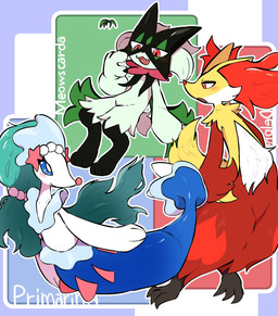 3_fingers 3_toes ambiguous_gender anthro blue_body blue_sclera blue_tail feet fingers flower_(anatomy) fur green_body green_ears green_fur green_tail group inner_ear_fluff jagged_mouth mask open_mouth pink_eyes pink_nose red_body red_eyes red_fur red_inner_ear_fluff red_nose tail toes trio tuft white_body white_eyes white_fur yellow_body yellow_ears yellow_fur yellow_tail letaslettuce nintendo pokemon delphox generation_6_pokemon generation_7_pokemon generation_9_pokemon meowscarada pokemon_(species) primarina 2025 hi_res