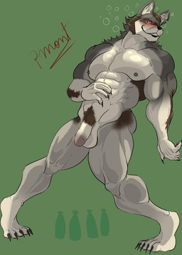 5_toes abs anthro arm_hair arm_tuft balls beard biceps blush body_hair bottle brown_body brown_fur butt claws container drunk elbow_tuft facial_hair feet finger_claws flaccid fur genitals green_eyes grey_body grey_fur hairy humanoid_genitalia humanoid_penis looking_at_viewer male muscular muscular_anthro muscular_male neck_tuft nipples nude paws pecs penis pubes scar simple_background smile smiling_at_viewer solo substance_intoxication teeth toe_claws toes tuft pinumontbalou echo_(series) echo_project the_smoke_room william_adler canid canine canis coyote mammal hi_res