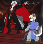 anthro blonde_hair cape clothed clothing cosplay duo hair male red_eyes tail white_hair skidd castlevania konami uberquest alphonse_alder dracula drayven_alder richter_belmont canid canine canis mammal wolf hi_res