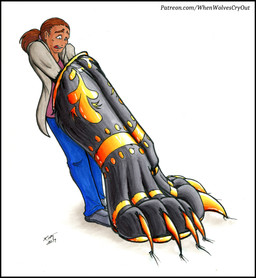 black_body black_border black_fur blue_bottomwear blue_clothing blue_pants border bottomwear brown_hair claws clothing female footwear fur golden_claws hair huge_legs pants shoes simple_background solo species_transformation surprised transformation transformation_ring white_background whenwolvescryout felid human mammal 2019 hi_res traditional_media_(artwork)