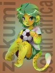 ball bottomwear clothed clothing feet green_eyes green_hair hair hindpaw holding_ball holding_object looking_at_viewer male mascot paws shirt short_hair shorts sitting soccer soccer_ball solo south_africa sport spots tail topwear world_cup miri fifa zakumi felid leopard mammal pantherine 2010