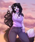 anthro big_breasts black_body black_fur black_hair bottomwear breasts cleavage clothed clothing collar denim denim_bottomwear denim_clothing female fluffy fluffy_tail fully_clothed fur hair hand_behind_head jeans long_hair looking_at_viewer outside pants shirt smile solo standing tail tank_top tongue tongue_out topwear white_body white_fur yellow_eyes tiggybloom collie_(mal-and-collie) border_collie canid canine canis collie domestic_dog herding_dog mammal pastoral_dog sheepdog digital_media_(artwork) hi_res shaded