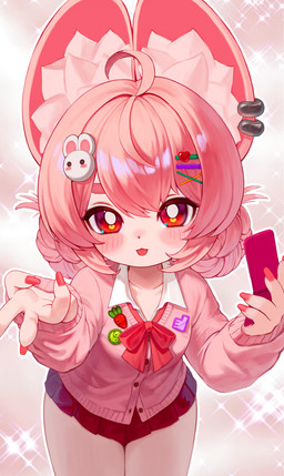 accessory anthro bottomwear bow_tie cardigan clothing collared_shirt colored_nails ear_piercing ear_ring electronics female female_anthro hair hair_accessory nails phone piercing pink_body pink_hair pleated_skirt red_eyes ring_piercing shirt skirt solo tongue tongue_out topwear young young_anthro young_female yamacho mihoyo zenless_zone_zero zhao_(zenless_zone_zero) lagomorph leporid mammal rabbit absurd_res hi_res