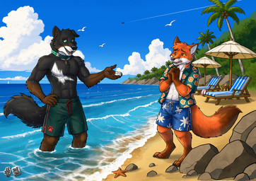 abs anthro beach black_body black_fur black_nose black_tail blue_clothing blue_sky blue_swimming_trunks blue_swimwear brown_body brown_fur brown_tail clothed clothing cloud day dipstick_tail duo fangs fur green_eyes hair male male_anthro markings muscular muscular_anthro muscular_male open_clothing open_mouth open_topwear orange_body orange_eyes orange_fur orange_hair orange_tail palm_tree pecs plant short_hair sky swimming_trunks swimwear tail tail_markings teal_clothing teal_swimming_trunks teal_swimwear teeth topwear tree wet wet_body wet_fur white_body white_fur hufnaar canid canine canis domestic_dog fox mammal 2026 dated