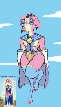 4_eyes blue_cape blue_clothing blue_eyes cape clothed clothing gloves handwear long_socks male multi_eye no_underwear pantsless paws pink_body solo superhero superhero_costume thick_thighs capivara_furra adult_swim cartoon_network rick_and_morty alien humanoid absurd_res guide_lines hi_res reference_image sketch