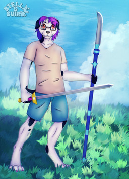 anthro black_body black_ears black_fur black_tail blue_bottomwear blue_clothing blue_shorts bottomwear clothing collarbone detailed_background digit_ring digitigrade dual_wielding eyewear fingerless_(marking) fur glasses hair holding_melee_weapon holding_object holding_sword holding_weapon jewelry looking_at_viewer melee_weapon messy_hair multicolored_body multicolored_fur naginata no_shoes outside pawpads plant polearm purple_hair red_eyes ring shirt shorts shrub solo spots standing sword t-shirt tail topwear two_tone_body two_tone_fur weapon wedding_ring white_body white_face white_fur stellaamoris arian_the_dalmatian canid canine canis dalmatian domestic_dog mammal absurd_res digital_drawing_(artwork) digital_media_(artwork) full-length_portrait hi_res portrait