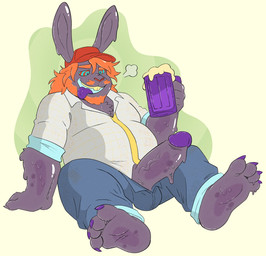 4_toes alcohol anthro beard beer beverage big_penis blue_bottomwear blue_clothing blue_pants bottomwear bulge clothed clothing facial_hair feet genitals hair hat headgear headwear humanoid_genitalia humanoid_penis hypnotic_eyes male open_bottomwear open_clothing open_mouth open_pants orange_beard orange_facial_hair orange_hair overweight overweight_male pants penis purple_body purple_penis ringed_eyes shirt simple_background sitting solo toes tongue tongue_out topwear vein veiny_penis white_background white_clothing white_shirt white_topwear malyrn spire_(malyrn) goo_creature lagomorph leporid mammal rabbit 2025 hi_res