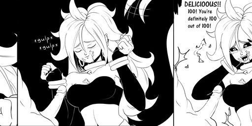 armwear balls black_nails black_sclera blush bodily_fluids breasts cleavage clothed clothing colored_nails cum cum_in_mouth cum_inside cum_on_face cum_on_tongue dialogue drinking drinking_cum duo ear_piercing elbow_gloves faceless_character faceless_male female genital_fluids genitals gloves hair hand_on_penis handwear heart_symbol jewelry long_hair looking_pleasured male male/female midriff nails navel not_furry open_mouth penis piercing sharp_nails smile smug solo_focus swallowing tail tail_motion tailwag teeth text tongue haaru dragon_ball dragon_ball_fighterz android_21 majin_android_21 alien alien_humanoid humanoid majin black_and_white english_text hi_res long_image monochrome multiple_images wide_image