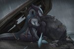 anthro blue_eyes boat breasts cloak cloak_only clothing covering covering_breasts covering_crotch covering_self detailed_background female mostly_nude outside raining sad solo vehicle watercraft jakeseeker rasha unknown_species 3:2 digital_media_(artwork) hi_res