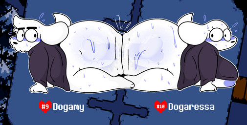 all_fours anthro ass_to_ass big_breasts big_butt blue_blush blush blush_lines bodily_fluids breasts butt duo eye_contact female looking_at_another looking_at_partner looking_back looking_back_at_another looking_back_at_partner male nipples scut_tail short_tail side_view sweat sweaty_butt tail text thick_thighs white_body white_tail pelnsfw undertale undertale_(series) dogamy dogaressa canid canine canis domestic_dog mammal 2025 digital_drawing_(artwork) digital_media_(artwork) english_text hi_res