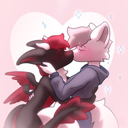 anthro black_body black_fur blue_clothing blush clothed clothing duo eyes_closed feathered_wings feathers fur grey_clothing grey_topwear hair heart_symbol holidays hoodie horn hug kiss_on_lips kissing male male/male nude red_body red_feathers red_fur red_hair romantic romantic_couple simple_background sparkles tail topwear tuft white_body white_fur white_hair white_horn wings neo_arts mythology valentine's_day armando_(bratecdragon) canid canine canis dragon fox furred_dragon furred_scalie mammal mythological_creature mythological_scalie scalie wolf 1:1 digital_media_(artwork) hi_res