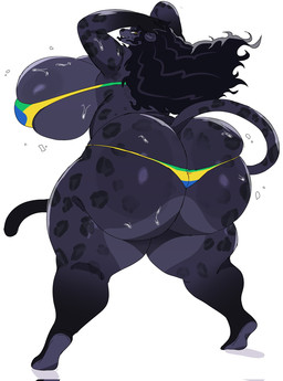anthro big_breasts big_butt bikini bikini_bottom bikini_top biped black_body black_fur black_hair bodily_fluids breast_squeeze breasts bulging_breasts butt clothing countershade_fur countershade_torso countershading curvy_figure female fur glistening glistening_butt hair hand_on_head huge_breasts huge_butt huge_hips huge_thighs long_hair looking_at_viewer looking_back looking_back_at_viewer overweight overweight_anthro overweight_female simple_background solo squeezing sweat sweaty_breasts sweaty_butt swimwear thick_thighs tight_bikini two-piece_swimsuit voluptuous voluptuous_anthro voluptuous_female white_background wide_hips yellow_eyes cyberlord1109 carmen_(noeticred) felid jaguar mammal pantherine 2025 hi_res