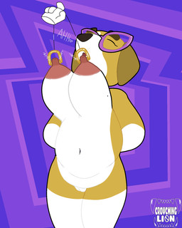 anthro big_breasts breasts eyewear female genitals glasses huge_breasts markings mole_(marking) nipple_fetish nipple_piercing nipple_play nipple_pull nipples piercing slightly_chubby solo submissive submissive_anthro submissive_female vulva crouchingli0n bluey_(series) daisy_(bluey) beagle canid canine canis domestic_dog hunting_dog mammal scent_hound 4:5 hi_res