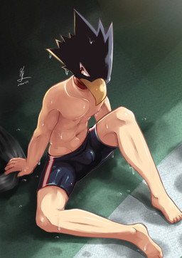 5_fingers 5_toes arm_support beak biped boxer_briefs bulge clothed clothed_humanoid clothed_male clothing detailed_background dripping_wet feet fingers for_a_head high-angle_view humanoid_feet humanoid_hands looking_aside male male_humanoid navel nipples on_ground plantigrade sitting sitting_on_ground solo toes underwear underwear_only wet bananana8729 my_hero_academia fumikage_tokoyami animal_head animal_humanoid avian avian_humanoid humanoid 2020 dated digital_media_(artwork) hi_res signature