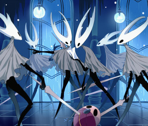 2_horns ambiguous_gender biped black_body black_eyes blood bodily_fluids clothing colored_blood fingers gesture group hand_gesture holding_melee_weapon holding_object holding_sword holding_weapon horn lamp looking_at_another melee_weapon orange_blood pointing stab sword unusual_blood unusual_bodily_fluids walking weapon white_head arizuka00 hollow_knight team_cherry arthropod infected_(species) vessel_(species) 2019 hi_res