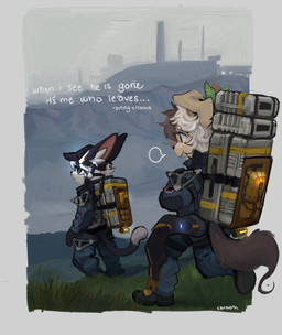 ambiguous_gender anthro backpack black_body black_eyes black_fur black_nose blush blush_lines brown_hair brown_tail clothed clothing container detailed_background dipstick_tail duo floppy_ears fur grass hair hat headgear headwear inner_ear_fluff looking_at_another looking_back looking_back_at_another male markings multicolored_body multicolored_fur open_mouth outside plant tail tail_markings tan_body tan_fur text tuft walking wearing_hat white_body white_fur white_hair white_inner_ear_fluff white_text co2killsu death_stranding canid canine canis domestic_cat domestic_dog felid feline felis mammal 2025 absurd_res artist_name english_text hi_res