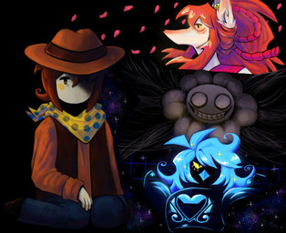 ambiguous_gender anthro armor beak black_background blue_beak blue_hair brown_hair clothed clothed_human clothing cowboy_hat flower fully_clothed fully_clothed_human grin hair hat headgear headwear light_body light_skin orange_hair petals plant pupils shadowed_eyes simple_background small_pupils smile solo yellow_sclera zalupa_ebanaya undertale undertale_(series) undertale_yellow ceroba_ketsukane clover_(undertale_yellow) flowey_the_flower martlet_(zenith_form) avian bird canid canine elemental_creature flora_fauna flower_creature fox human mammal 2024 bust_portrait digital_drawing_(artwork) digital_media_(artwork) english_description portrait
