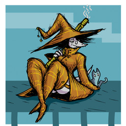 anthro black_hair boots border clothed clothed_anthro clothed_female clothing collared_shirt crossed_ankles eyewear female footwear glasses grey_body hair hat head_turned headgear headwear holding_object holding_stick legwear magic_user medium_hair orange_clothing shirt shoes simple_background sitting smile solo stick thigh_boots thigh_highs three-quarter_view topwear wearing_glasses white_border witch witch_hat zhmernalt steamfalish_witch 1:1 2026 digital_drawing_(artwork) digital_media_(artwork) hi_res