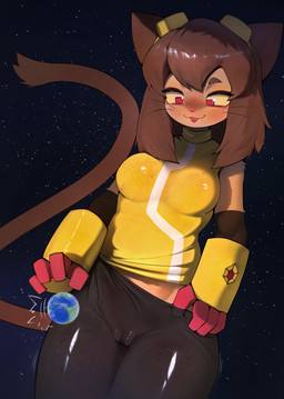 anthro blep blush brown_hair camel_toe earth female fur hair macro planet solo terra_macro tongue tongue_out ti-suger gameoverse glitch_productions kit_bodega felid mammal absurd_res hi_res