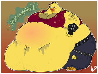 3_toes 4_fingers anthro avian_feet beak belly belt big_belly big_breasts blue_eyes border bottomwear breasts brown_talons cleavage clothed clothing collar deep_navel eyebrow_piercing eyebrows facial_piercing feet female fingerless_gloves fingers gloves handwear huge_belly hyper hyper_belly messy morbidly_obese morbidly_obese_anthro morbidly_obese_female navel obese obese_anthro obese_female open_beak open_mouth orange_beak overweight overweight_anthro overweight_female pants piercing pink_tongue shirt solo spiked_collar spikes standing tattoo toes tongue topwear torn_clothing white_border ginny_the_fat_bear avian bird chicken galliform phasianid hi_res