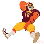 5_fingers anthro biped blue_nose claws cleats clothed clothing countershade_face countershade_fur countershading eyebrows fingers football_helmet football_uniform footwear fur looking_at_viewer male mascot muscular muscular_anthro muscular_male orange_body orange_fur pawpads shoes simple_background smile smiling_at_viewer solo spiked_clothing spiked_footwear spiked_shoes spikes striped_body striped_fur stripes whiskers white_background bonfiredemon frosted_flakes kellogg's tony_the_tiger felid mammal pantherine tiger 1:1 hi_res