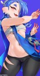2022 blue_hair breasts camel_toe cephalopod clothed clothing fangs female hair hair_over_eye hi_res humanoid humanoid_pointy_ears jtveemo legwear looking_at_viewer marine midriff mollusk navel nintendo octarian octoling one_eye_obstructed pseudo_hair red_eyes shiver_(splatoon) simple_background smile smiling_at_viewer solo splatoon standing teeth tentacle_hair tentacles under_boob wraps