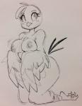 anthro beak blush breast_rest breasts eyelashes feathered_wings feathers feet female nipples non-mammal_breasts non-mammal_nipples solo tail tail_feathers talons toes wings glacierclear angry_birds rovio_entertainment sega stella_(angry_birds) avian bird black_and_white hi_res monochrome traditional_media_(artwork)